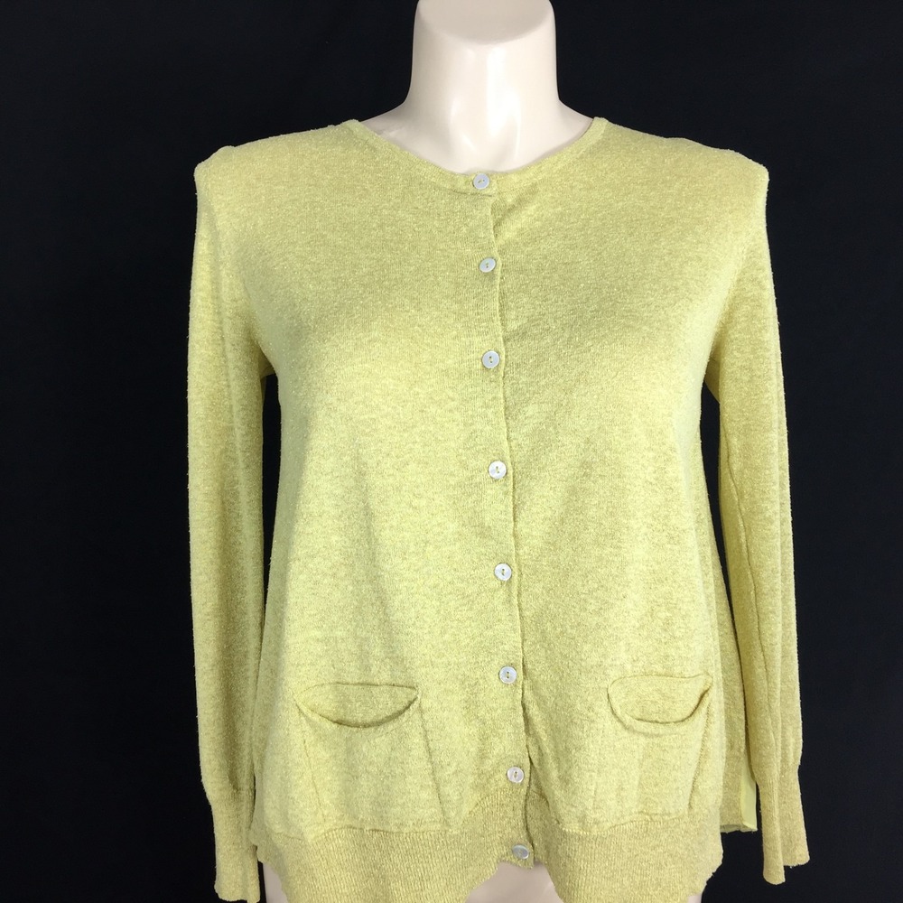 PROJECT Cardigan MED Silk Bl‎ Gold Metallic Fleck Yellow Accordion Pleat Top LN